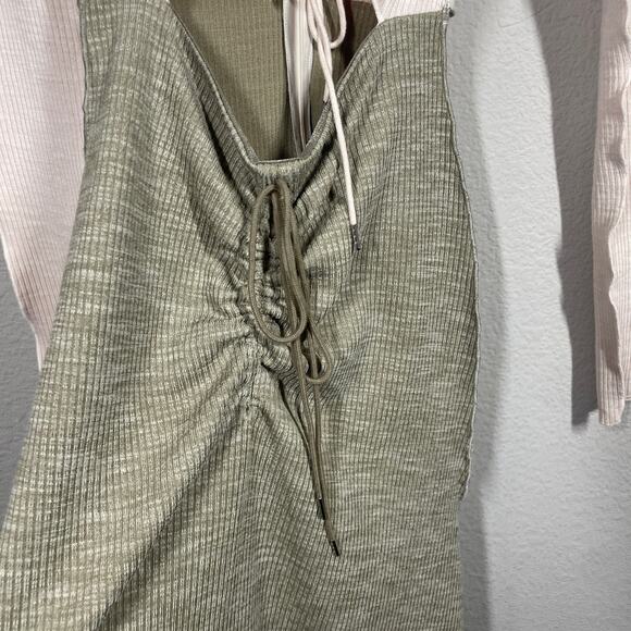 Song of Style Small Ezra Midi Dress Green Combo Ruched Front Ribbed Long Sleeves - Picture 9 of 11